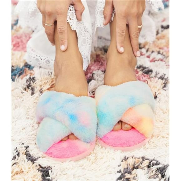Cross Band Cozy Plush Home Slippers Fluffy Furry Open Toe Slide Slipper - Picture 1 of 6